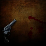 3D handgun on a grunge background with blood splatters