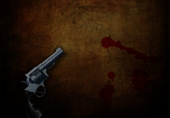 3D handgun on a grunge background with blood splatters