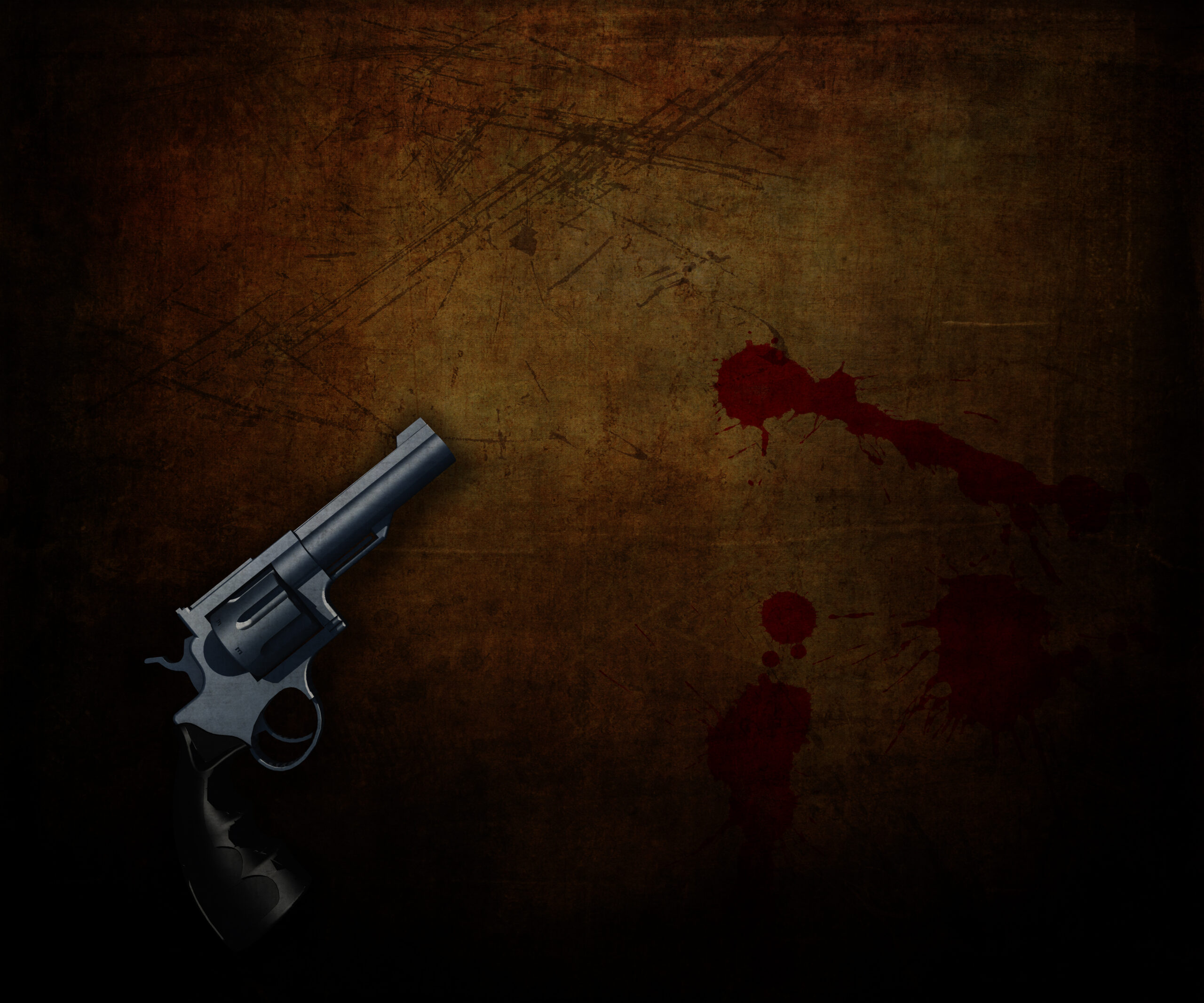 3D handgun on a grunge background with blood splatters